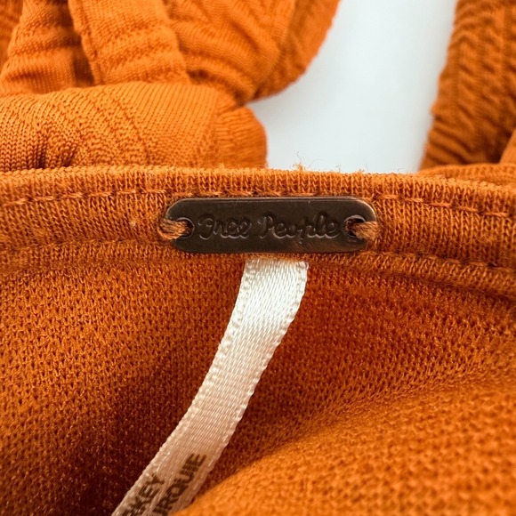 Free People Mini Dress Boho M Orange Textured Puff Sleeve Tie Back Square Neck - Picture 7 of 10